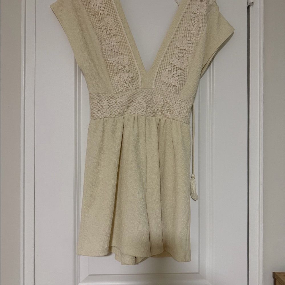 Zara Ivory V-Neck Embroidered Mini Dress